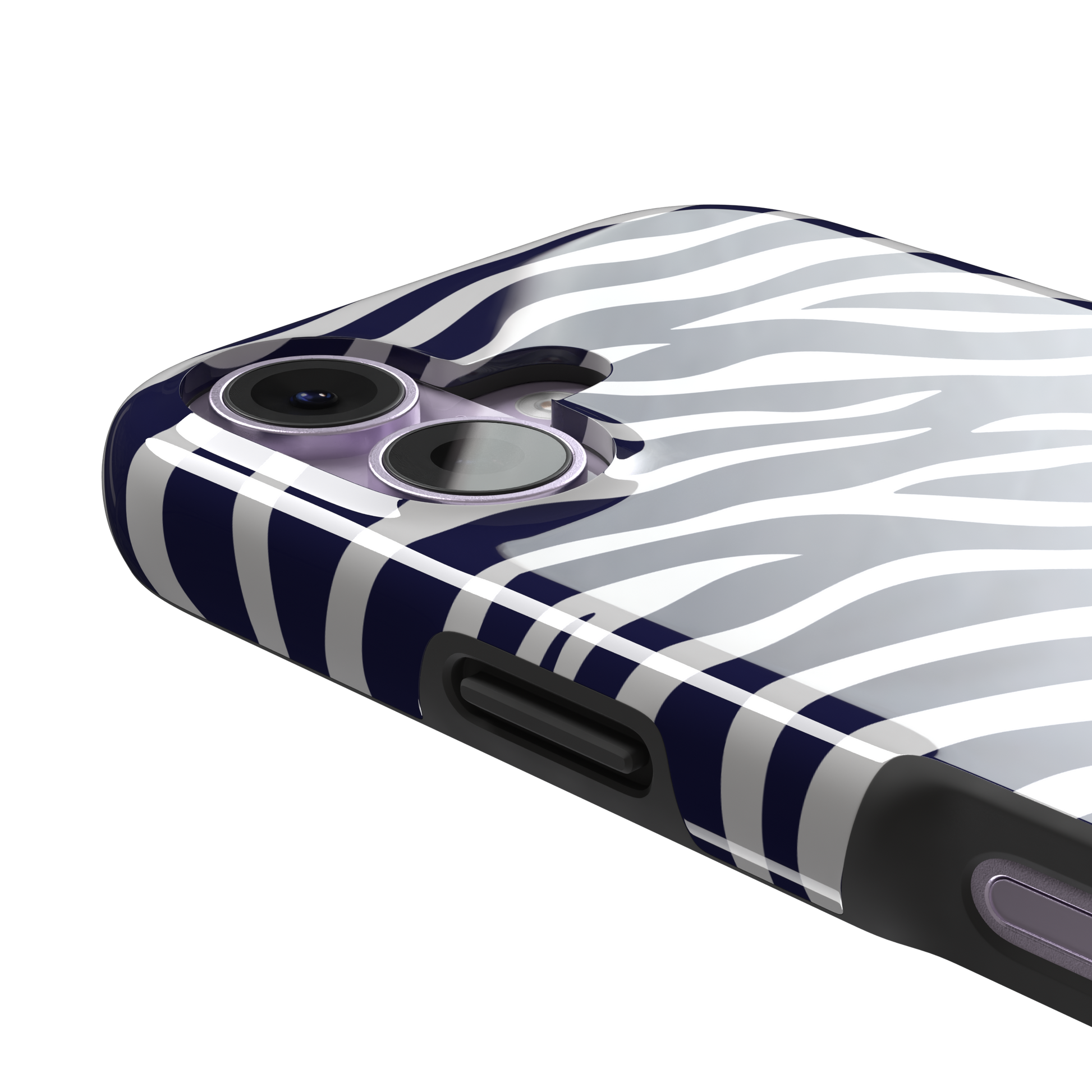 Navy blue and white zebra stripe phone case with all-over horizontal wave pattern, phone case by Caselier — tough case, volume buttons detail