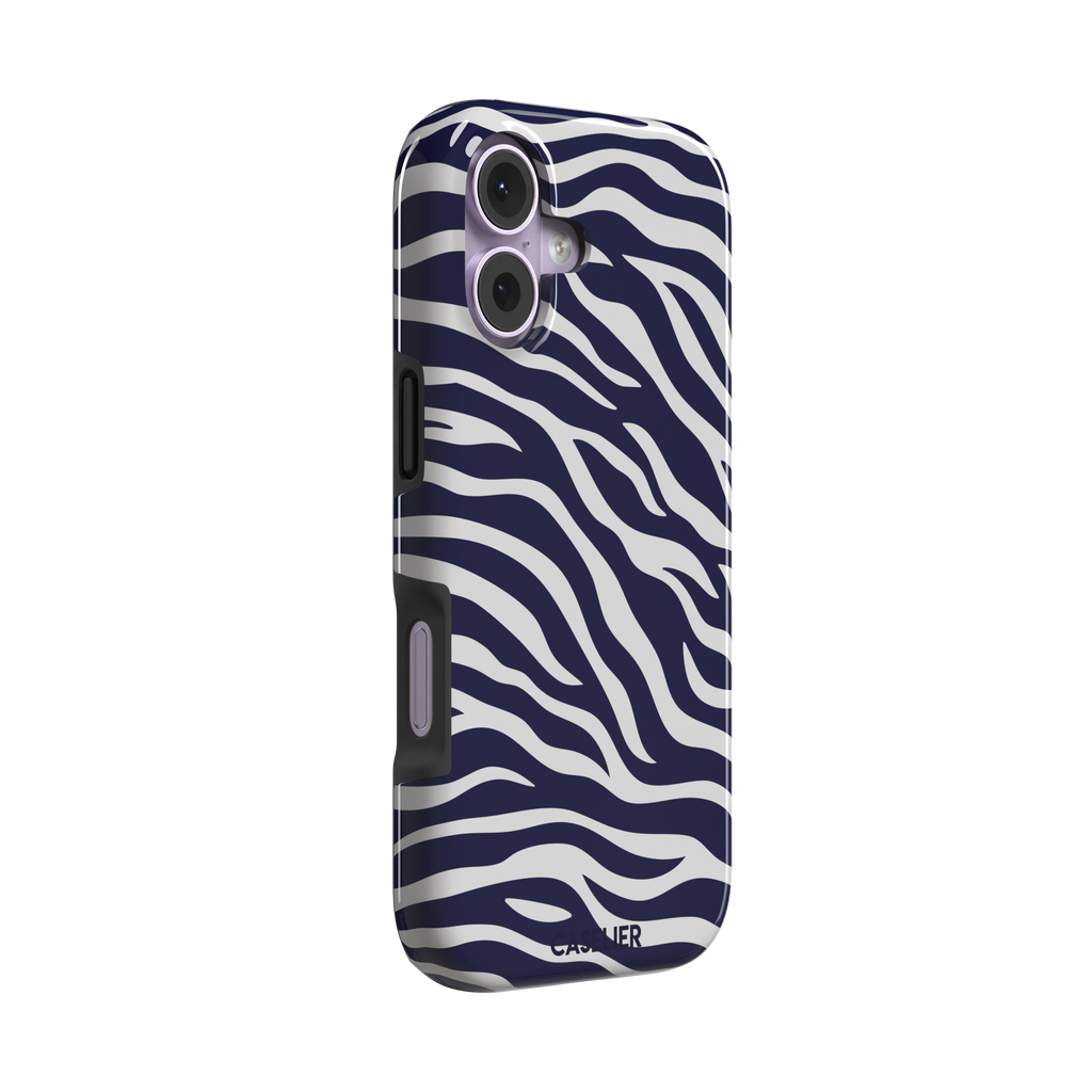 Navy blue and white zebra stripe phone case with all-over horizontal wave pattern, phone case by Caselier — tough case, left view
