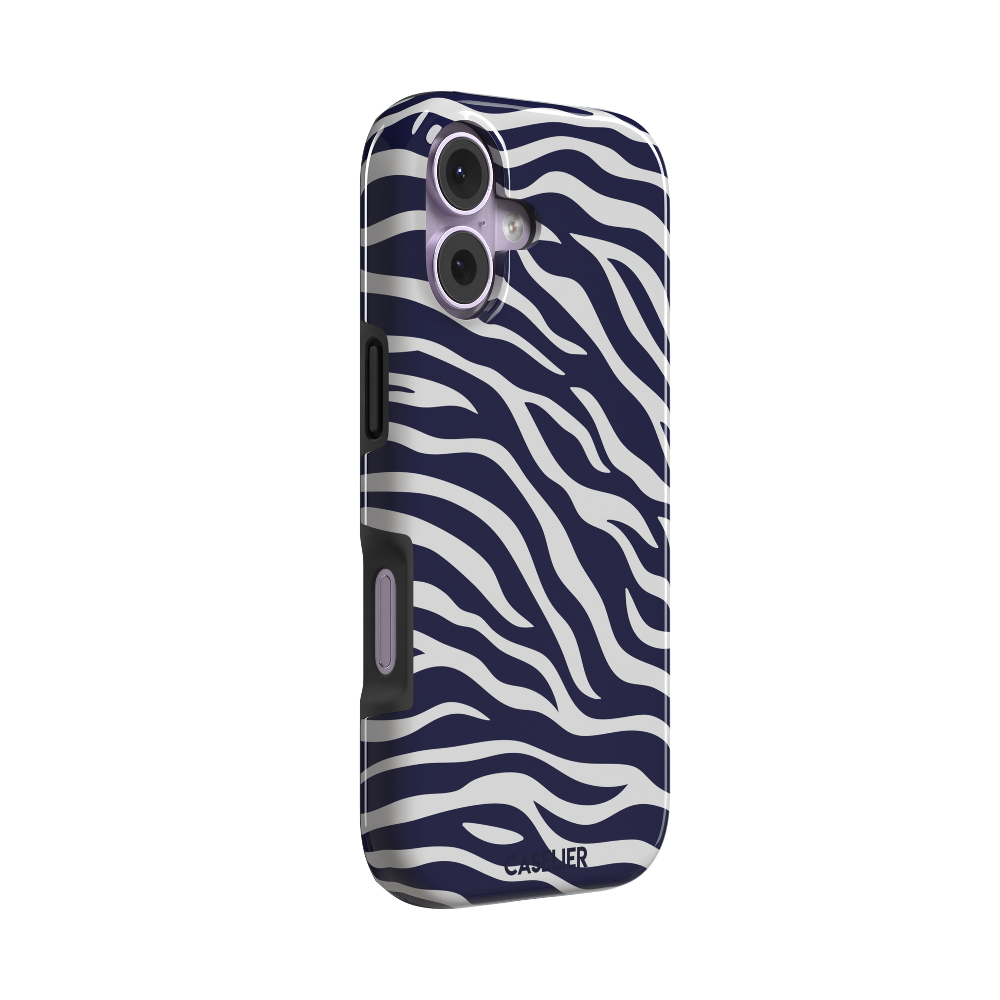 Navy blue and white zebra stripe phone case with all-over horizontal wave pattern, phone case by Caselier — tough case, left view