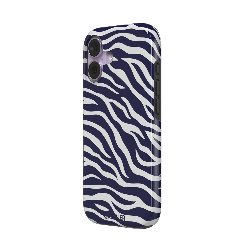 Navy blue and white zebra stripe phone case with all-over horizontal wave pattern, phone case by Caselier — tough case, right view