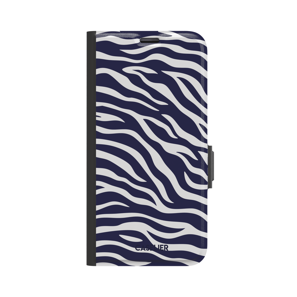 Navy blue and white zebra stripe phone case with all-over horizontal wave pattern, phone case by Caselier — wallet case, front view