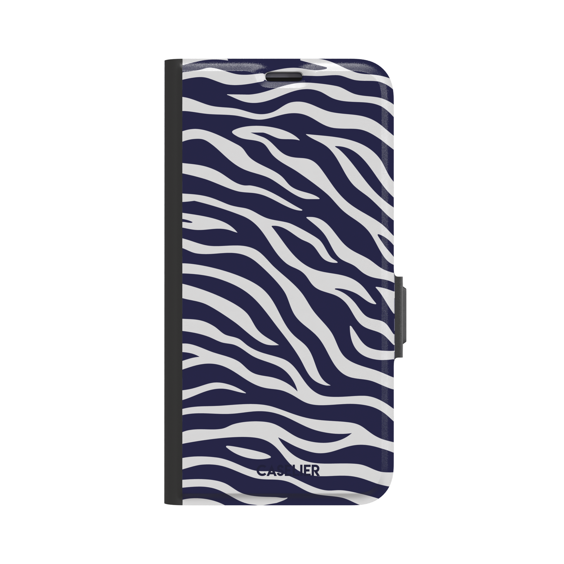 Navy blue and white zebra stripe phone case with all-over horizontal wave pattern, phone case by Caselier — wallet case, front view