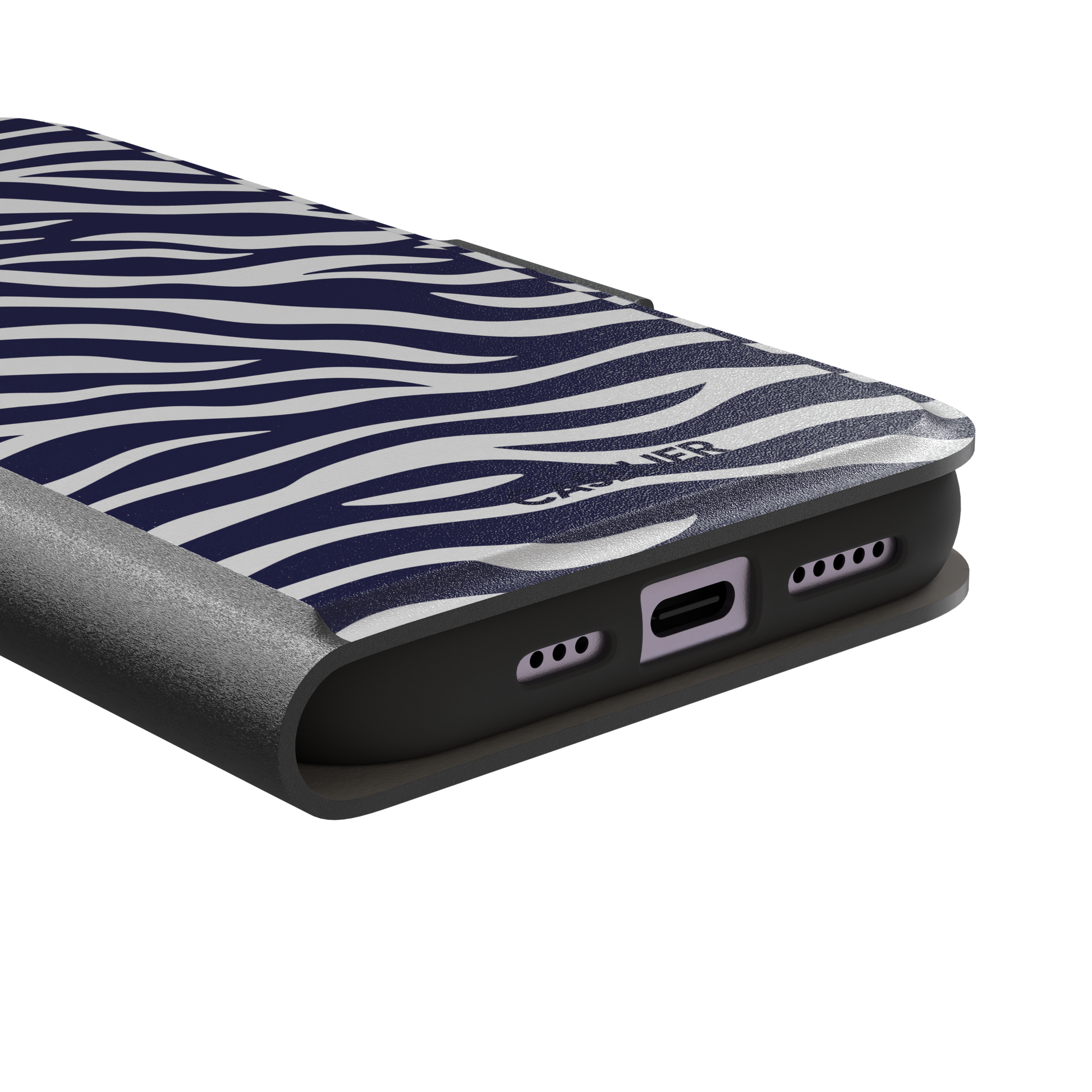 Navy blue and white zebra stripe phone case with all-over horizontal wave pattern, phone case by Caselier — wallet case, charging port detail