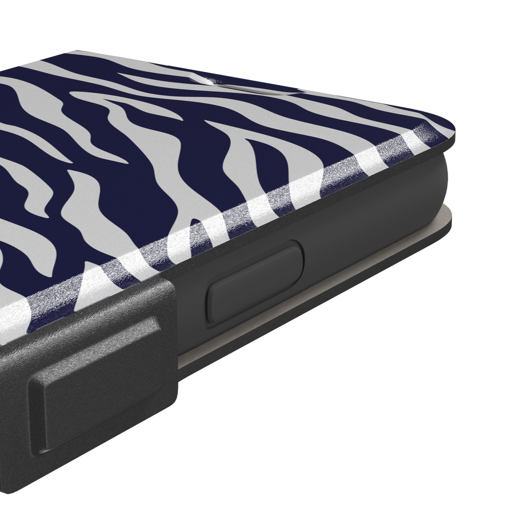 Navy blue and white zebra stripe phone case with all-over horizontal wave pattern, phone case by Caselier — wallet case, volume buttons detail