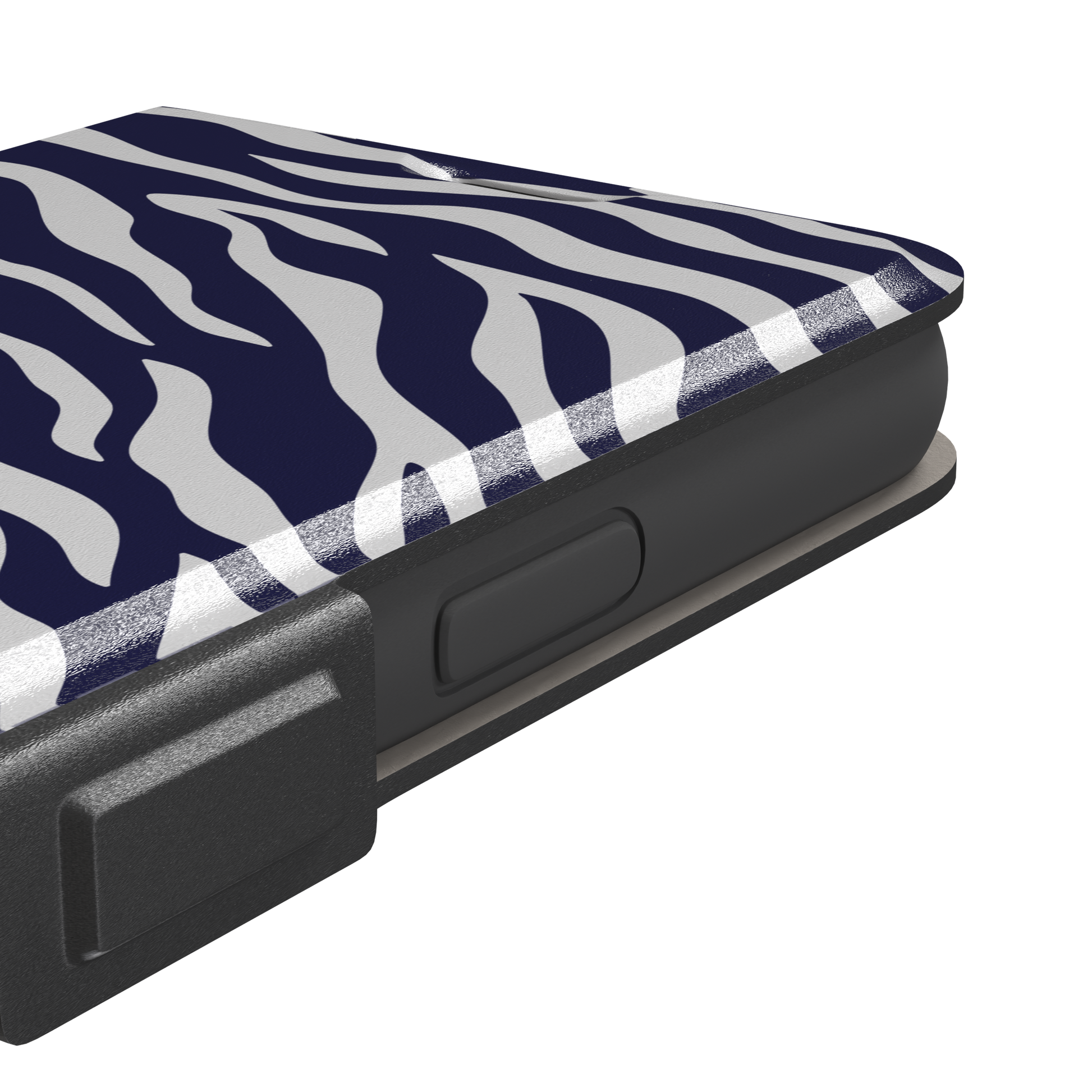 Navy blue and white zebra stripe phone case with all-over horizontal wave pattern, phone case by Caselier — wallet case, volume buttons detail