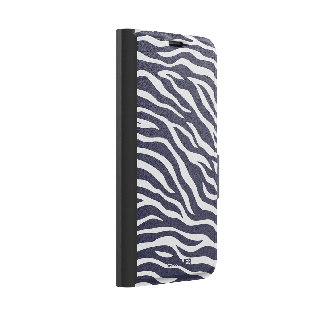 Navy blue and white zebra stripe phone case with all-over horizontal wave pattern, phone case by Caselier — wallet case, left view