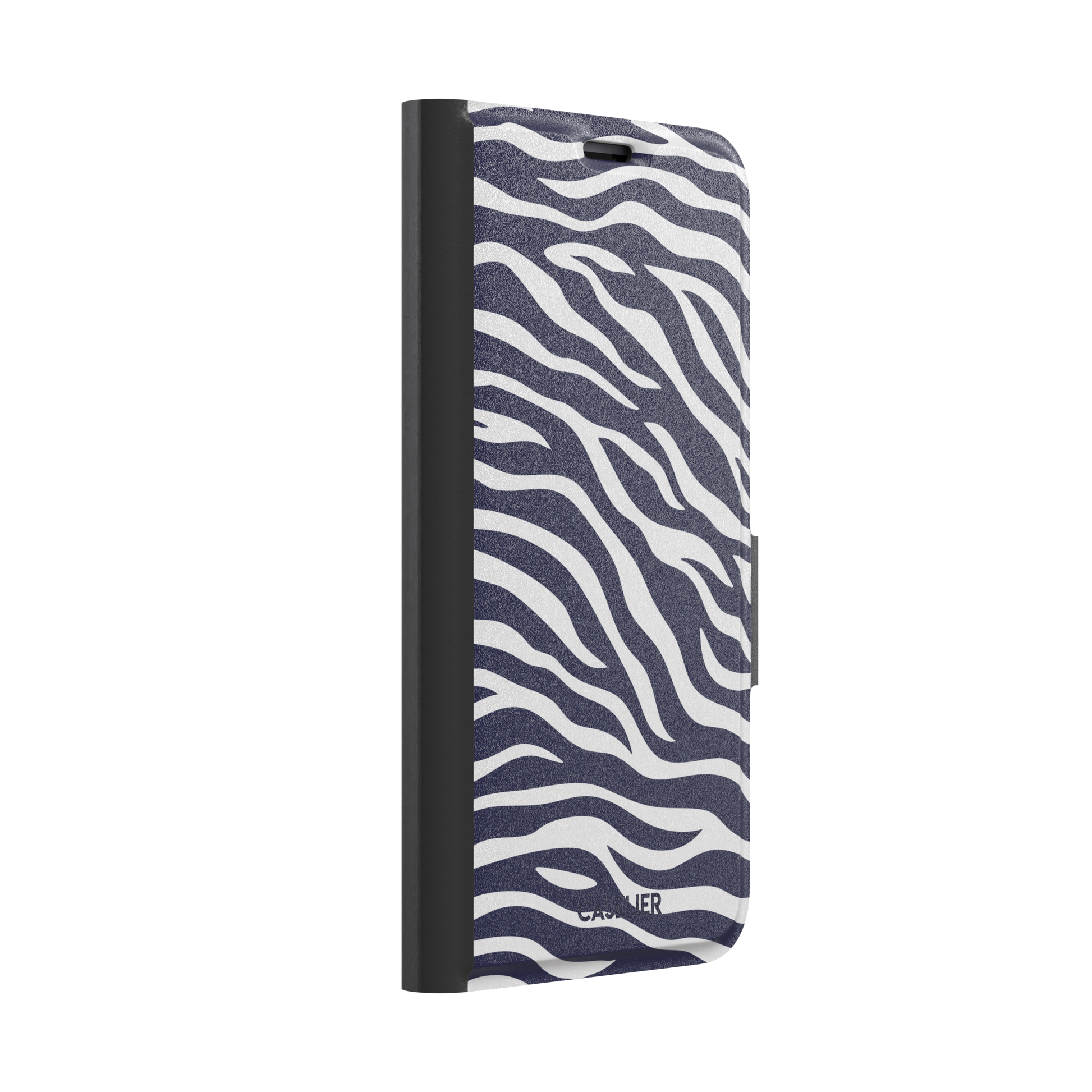Navy blue and white zebra stripe phone case with all-over horizontal wave pattern, phone case by Caselier — wallet case, left view