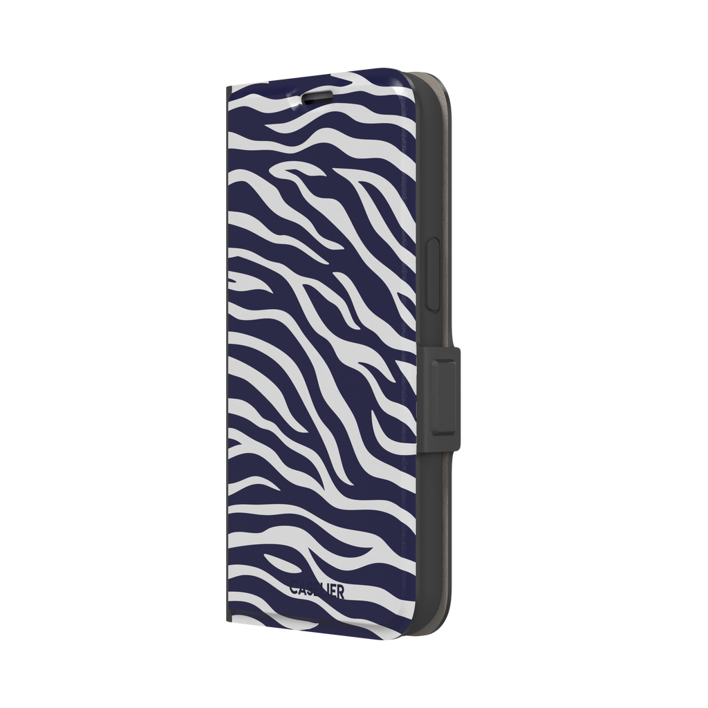 Navy blue and white zebra stripe phone case with all-over horizontal wave pattern, phone case by Caselier — wallet case, right view