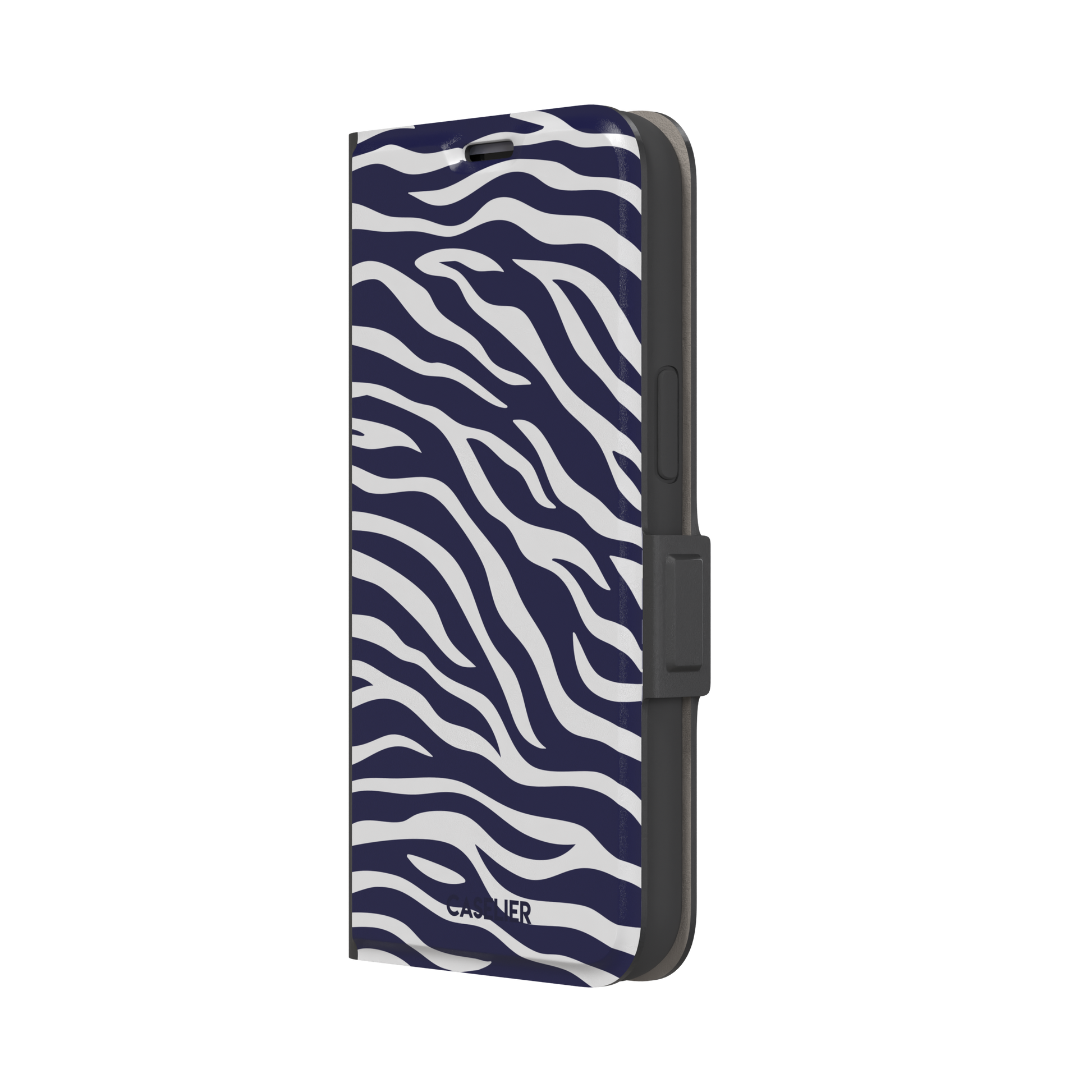 Navy blue and white zebra stripe phone case with all-over horizontal wave pattern, phone case by Caselier — wallet case, right view
