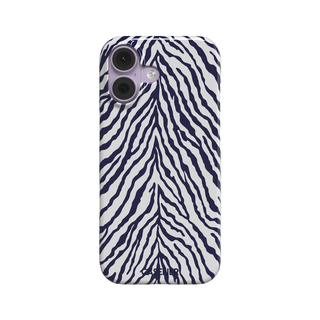 Navy blue and white zebra stripe phone case with symmetrical radiating pattern, phone case by Caselier — snap case, front view