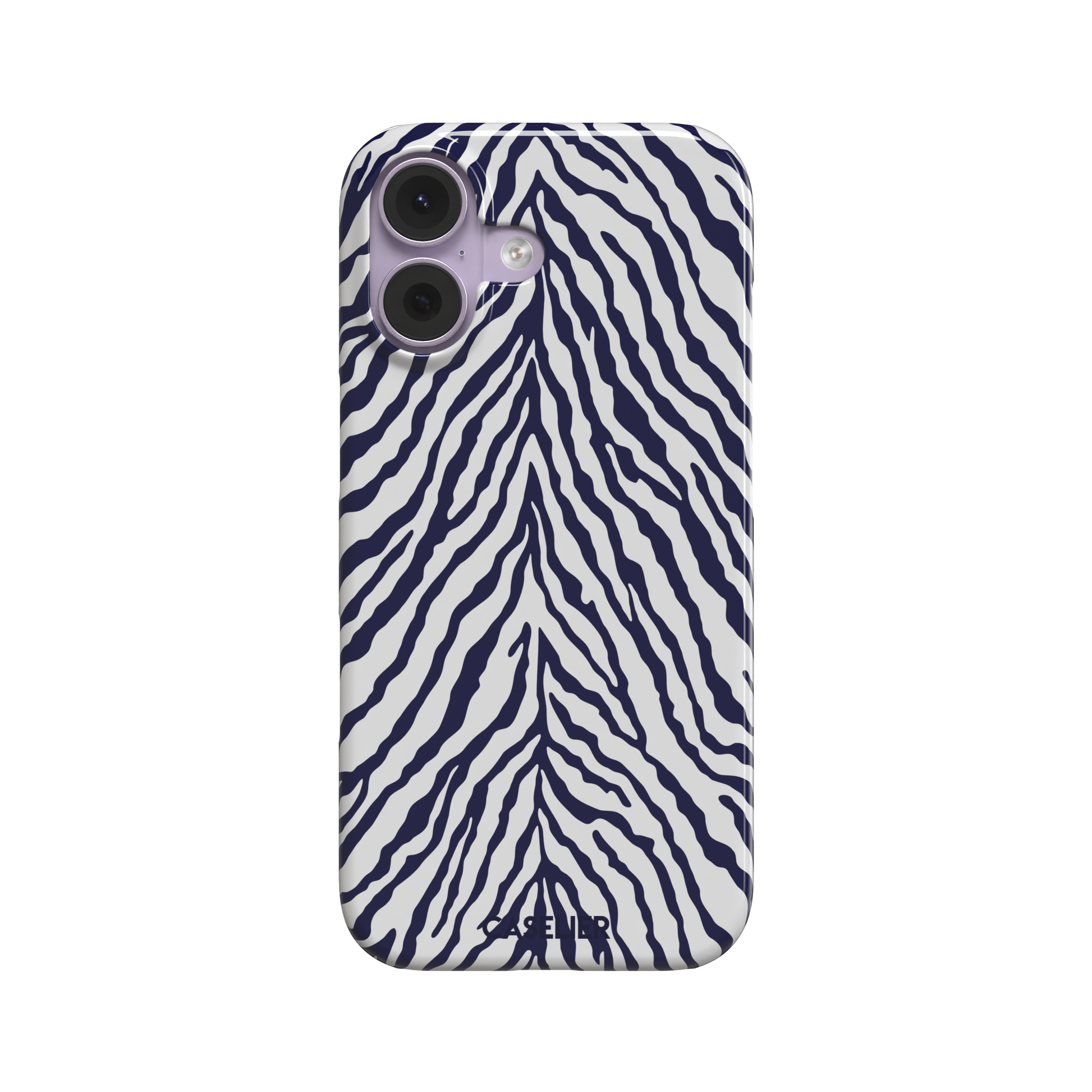 Navy blue and white zebra stripe phone case with symmetrical radiating pattern, phone case by Caselier — snap case, front view