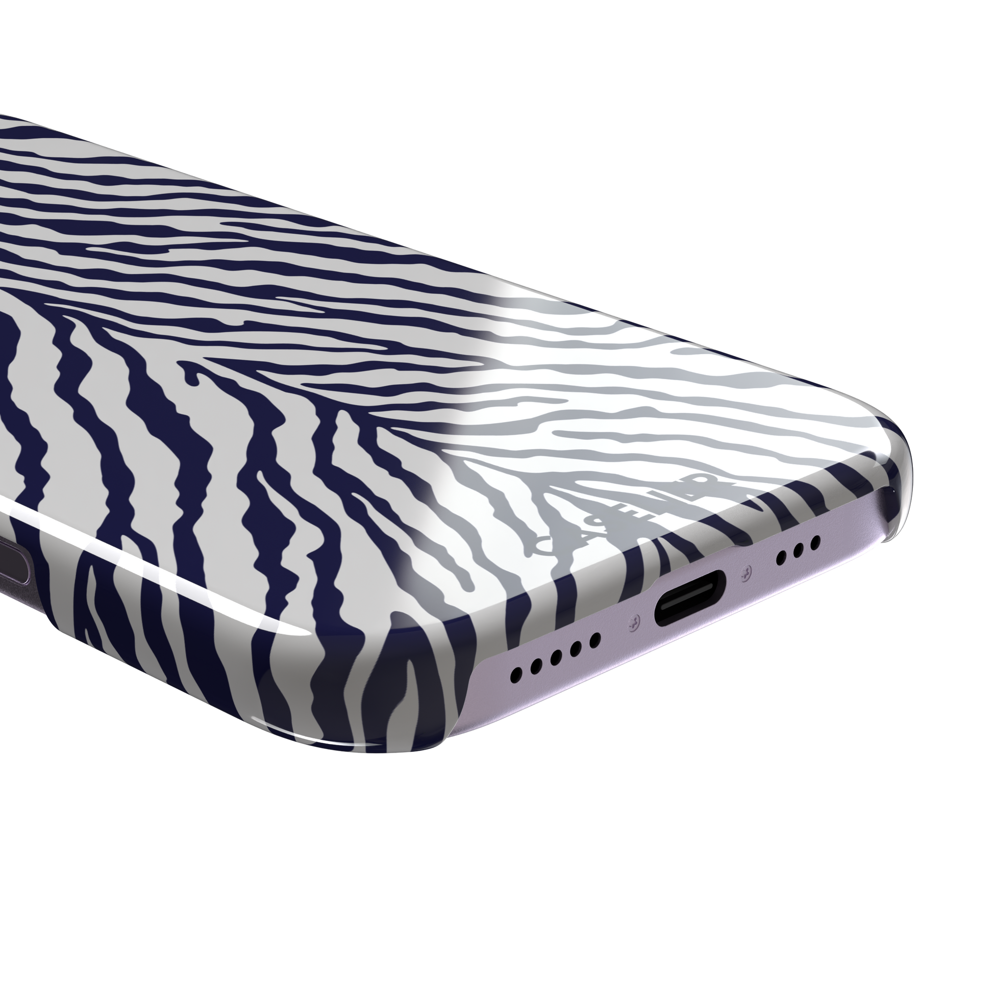 Navy blue and white zebra stripe phone case with symmetrical radiating pattern, phone case by Caselier — snap case, charging port detail