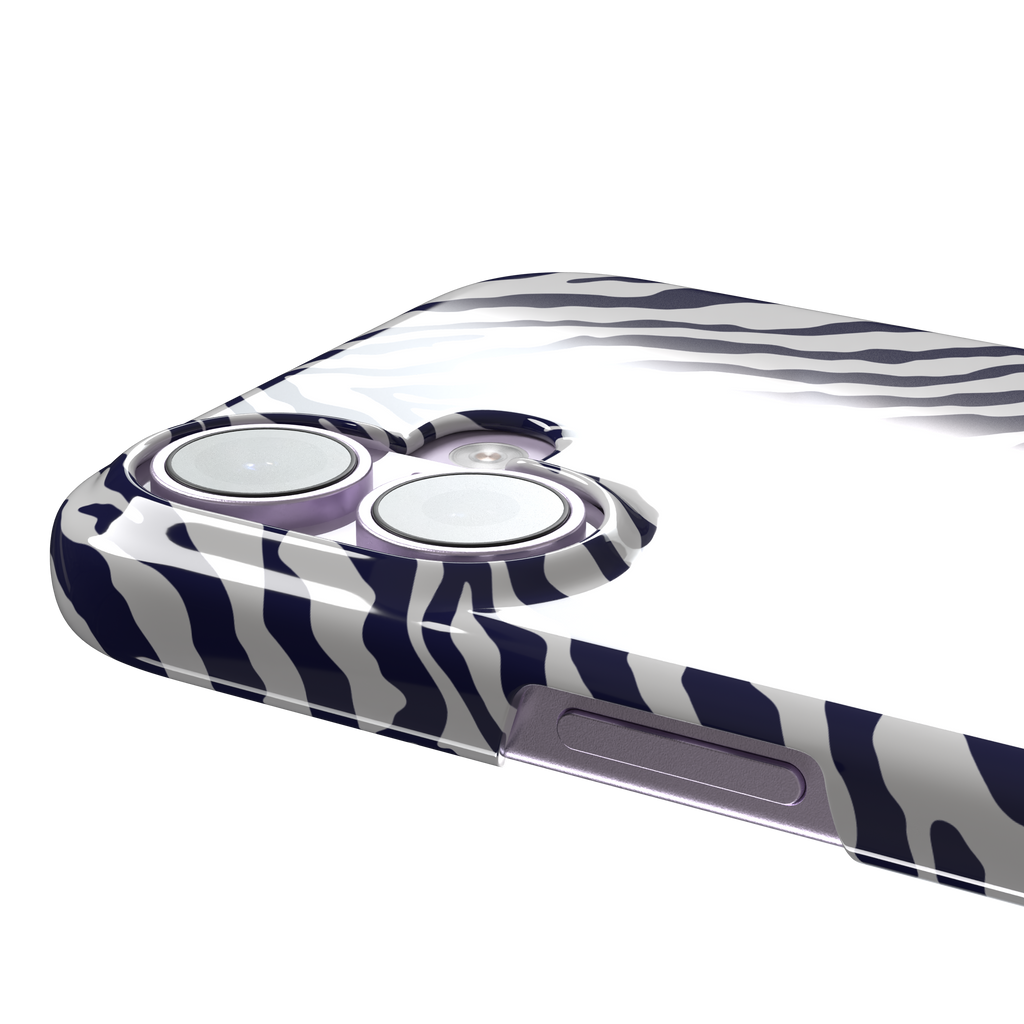 Navy blue and white zebra stripe phone case with symmetrical radiating pattern, phone case by Caselier — snap case, volume buttons detail