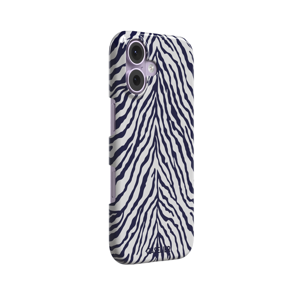 Navy blue and white zebra stripe phone case with symmetrical radiating pattern, phone case by Caselier — snap case, left view