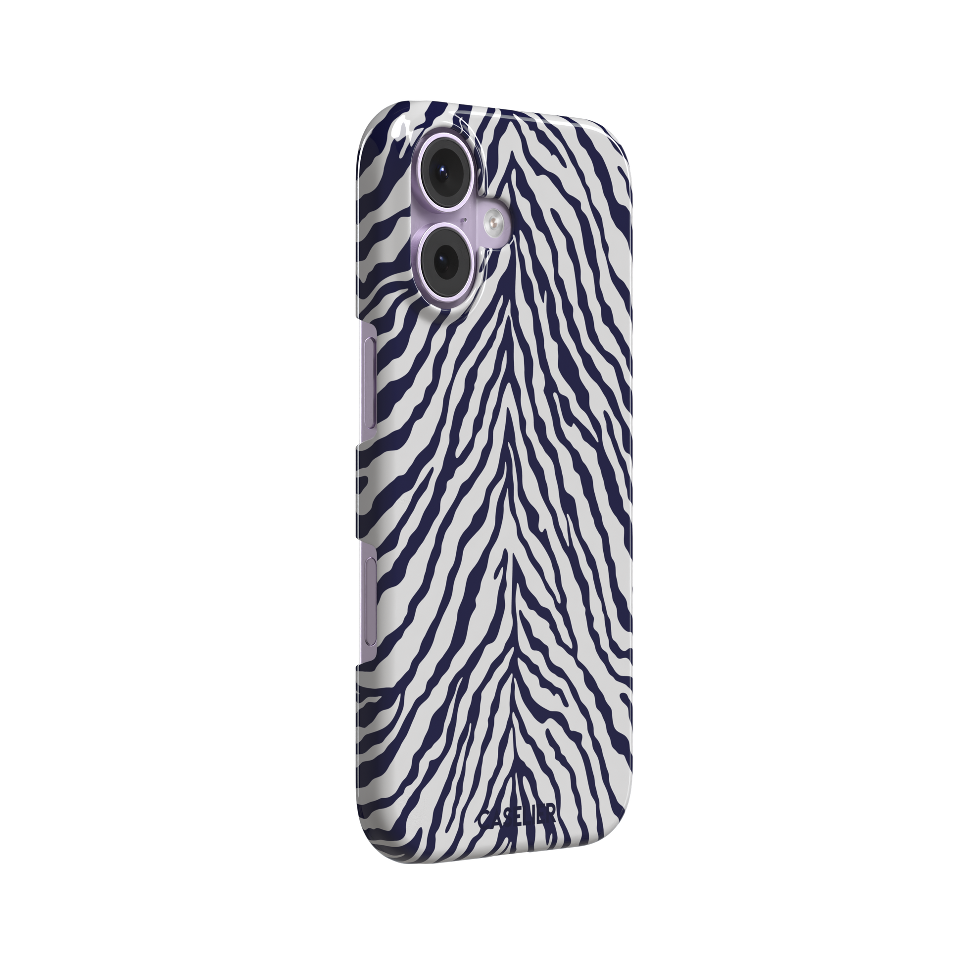Navy blue and white zebra stripe phone case with symmetrical radiating pattern, phone case by Caselier — snap case, left view