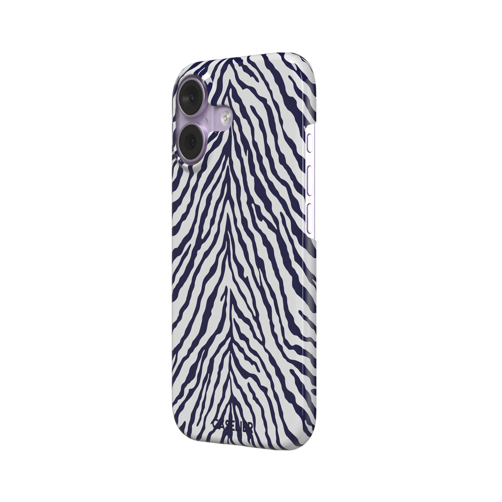 Navy blue and white zebra stripe phone case with symmetrical radiating pattern, phone case by Caselier — snap case, right view