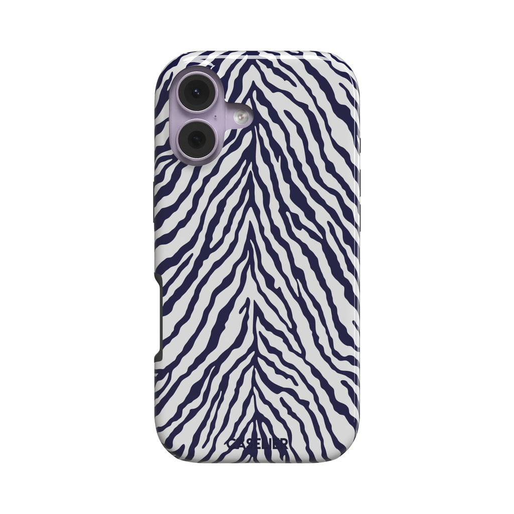 Navy blue and white zebra stripe phone case with symmetrical radiating pattern, phone case by Caselier — tough case, front view