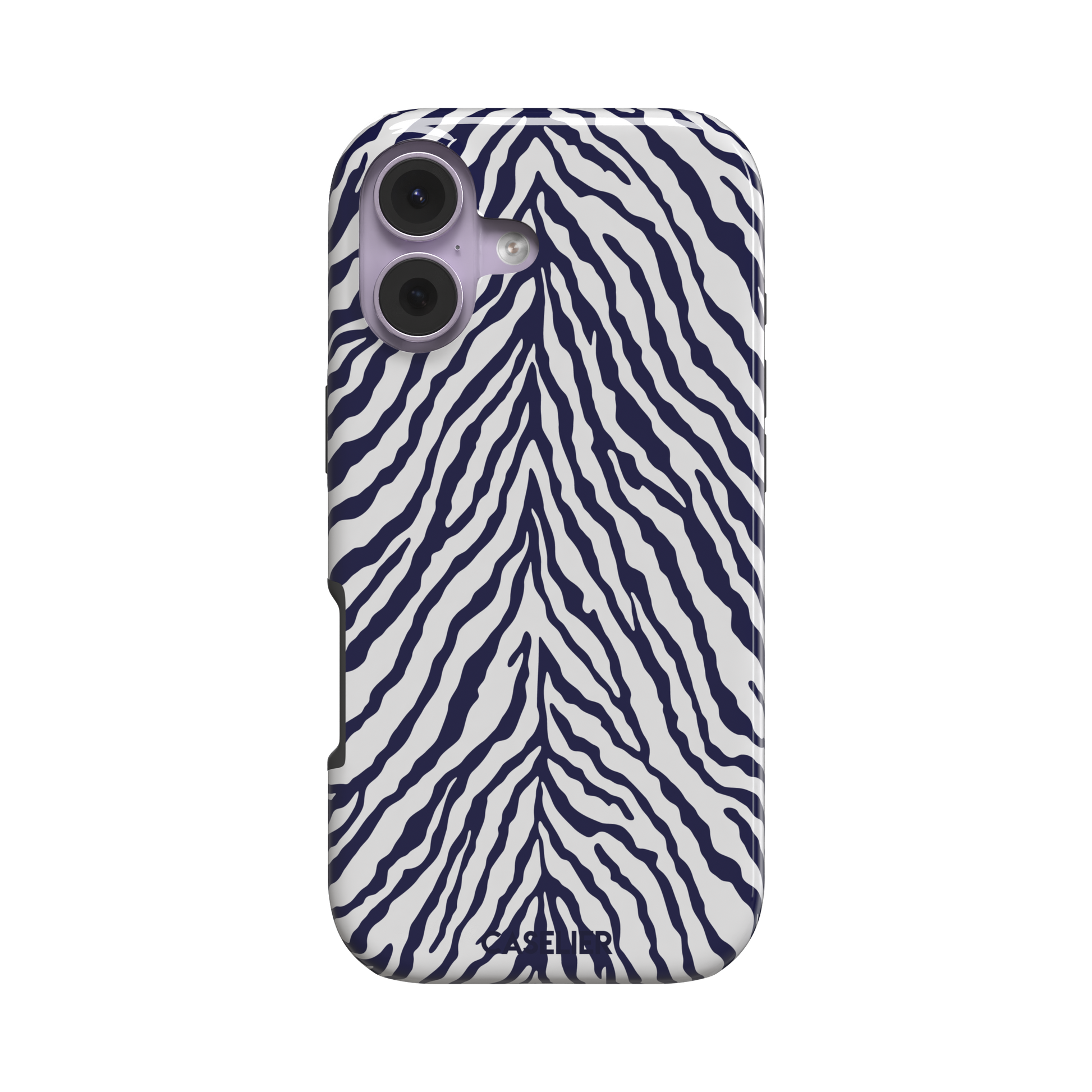 Navy blue and white zebra stripe phone case with symmetrical radiating pattern, phone case by Caselier — tough case, front view