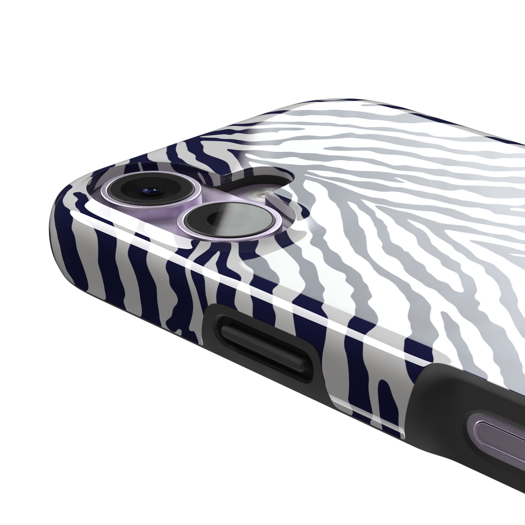 Navy blue and white zebra stripe phone case with symmetrical radiating pattern, phone case by Caselier — tough case, volume buttons detail