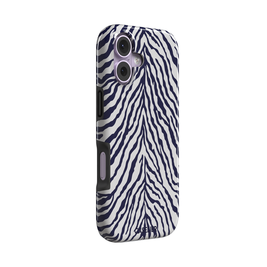 Navy blue and white zebra stripe phone case with symmetrical radiating pattern, phone case by Caselier — tough case, left view