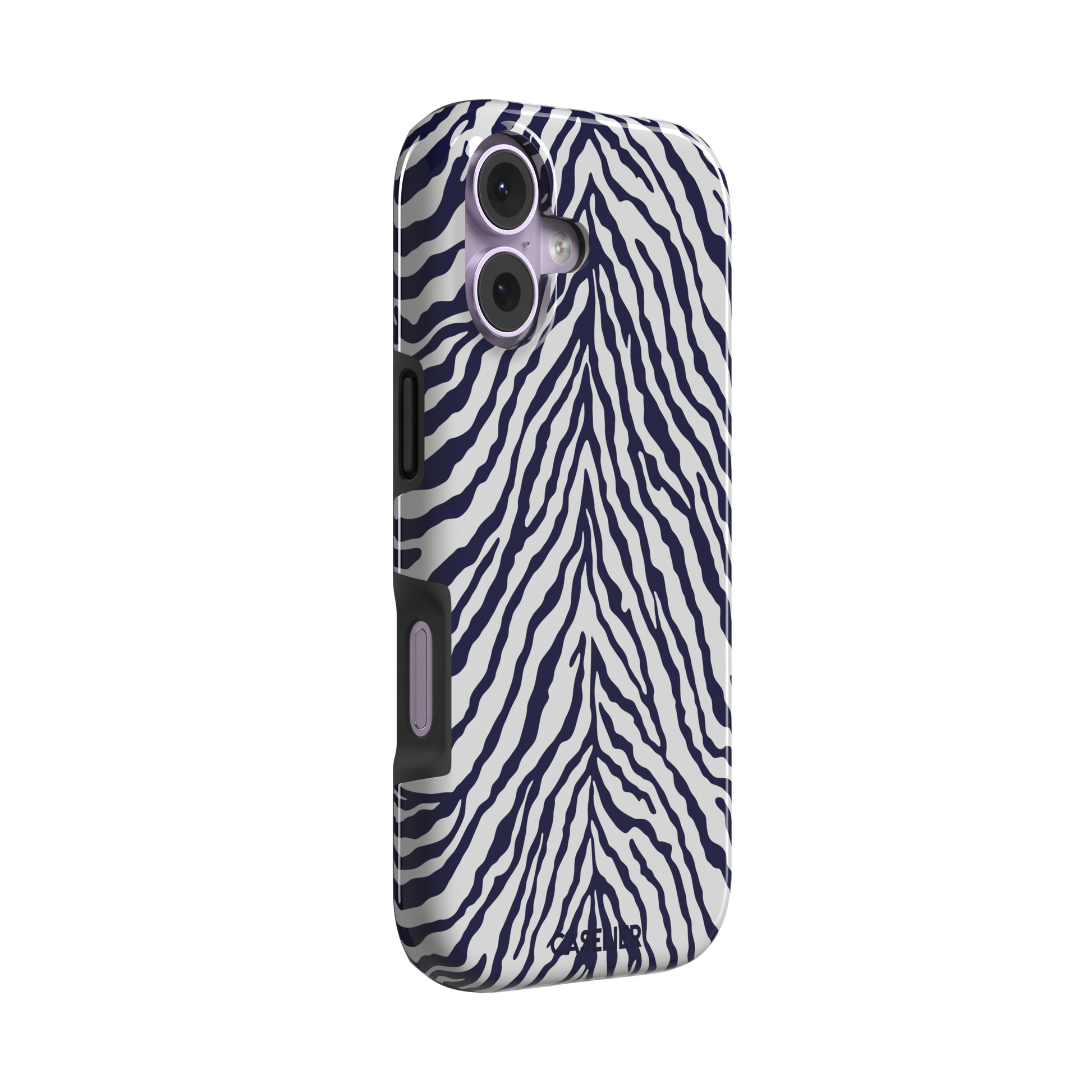 Navy blue and white zebra stripe phone case with symmetrical radiating pattern, phone case by Caselier — tough case, left view