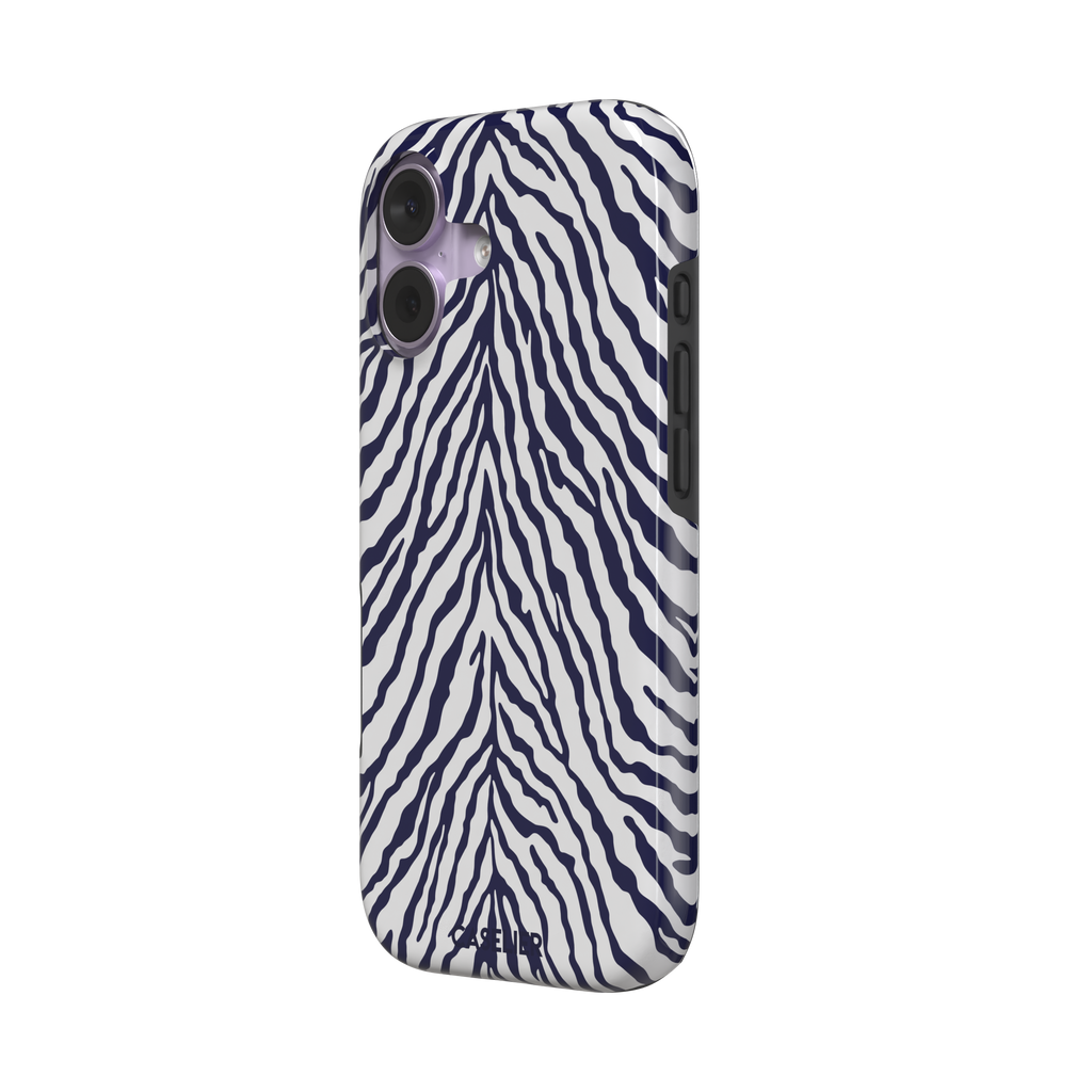 Navy blue and white zebra stripe phone case with symmetrical radiating pattern, phone case by Caselier — tough case, right view