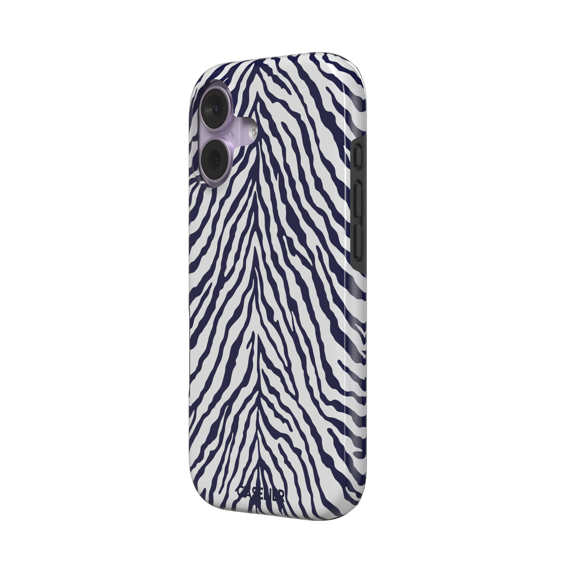 Navy blue and white zebra stripe phone case with symmetrical radiating pattern, phone case by Caselier — tough case, right view