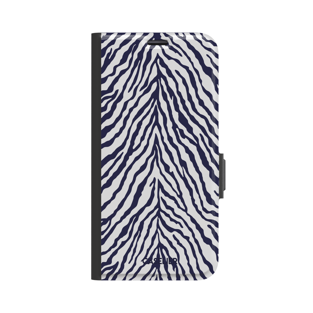 Navy blue and white zebra stripe phone case with symmetrical radiating pattern, phone case by Caselier — wallet case, front view