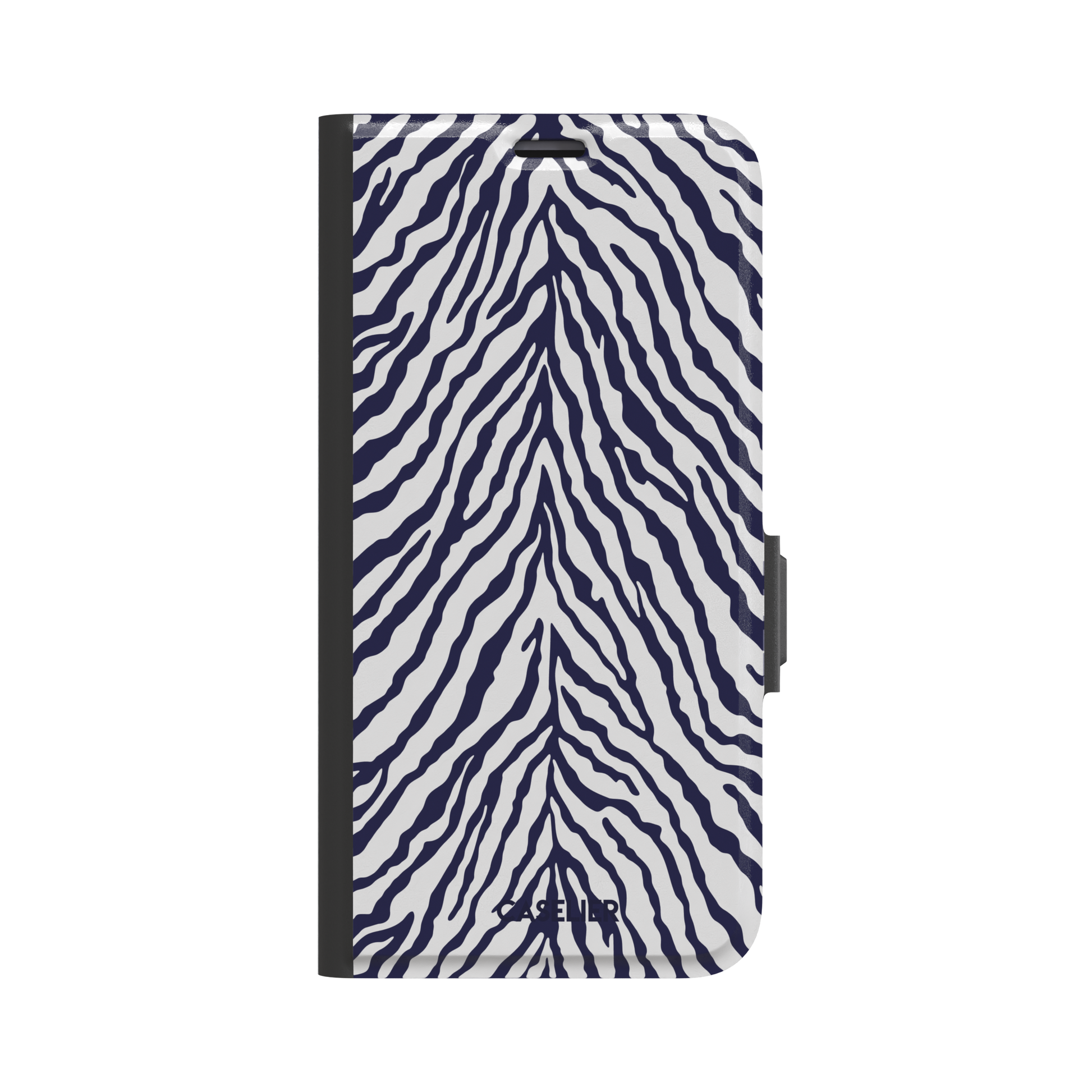 Navy blue and white zebra stripe phone case with symmetrical radiating pattern, phone case by Caselier — wallet case, front view