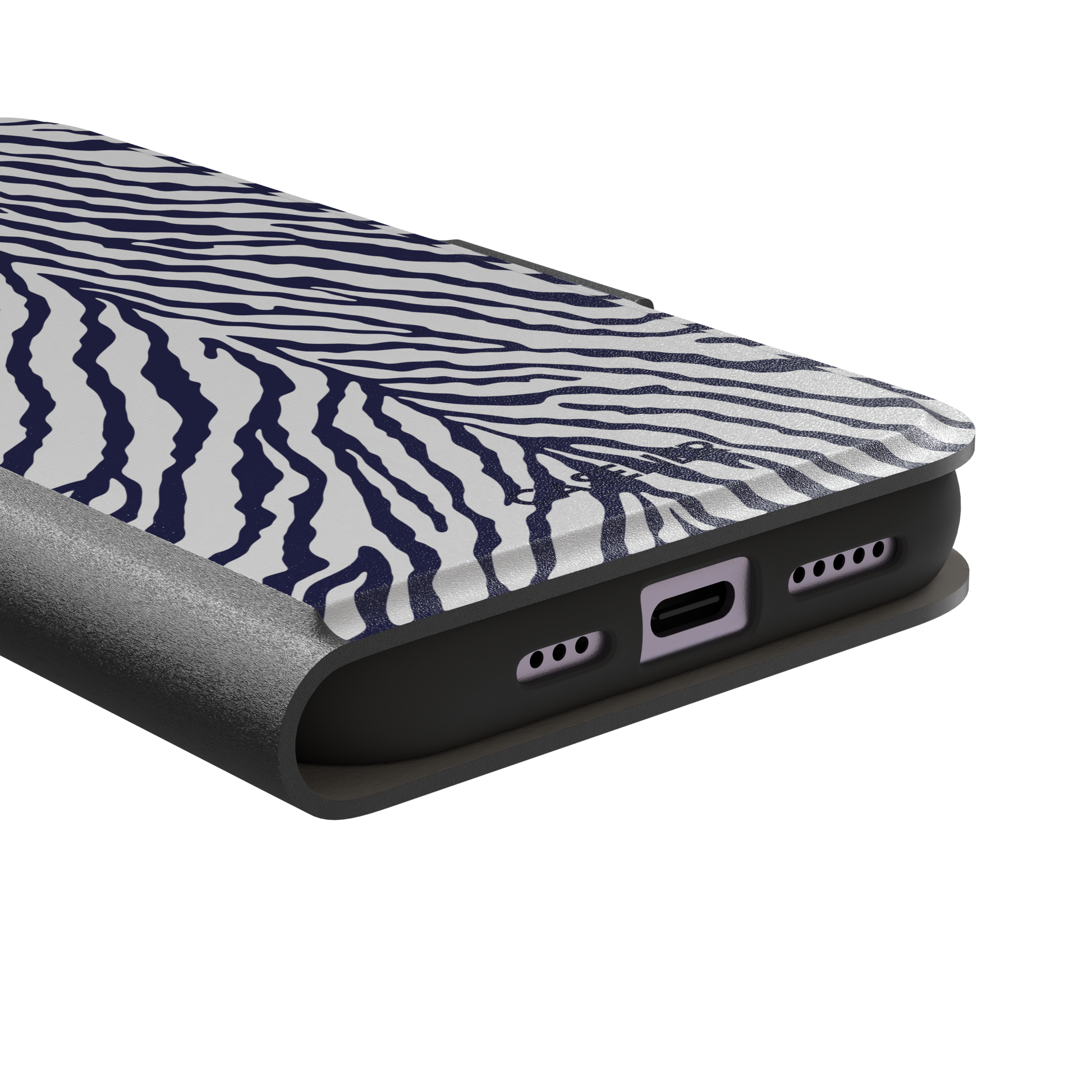 Navy blue and white zebra stripe phone case with symmetrical radiating pattern, phone case by Caselier — wallet case, charging port detail