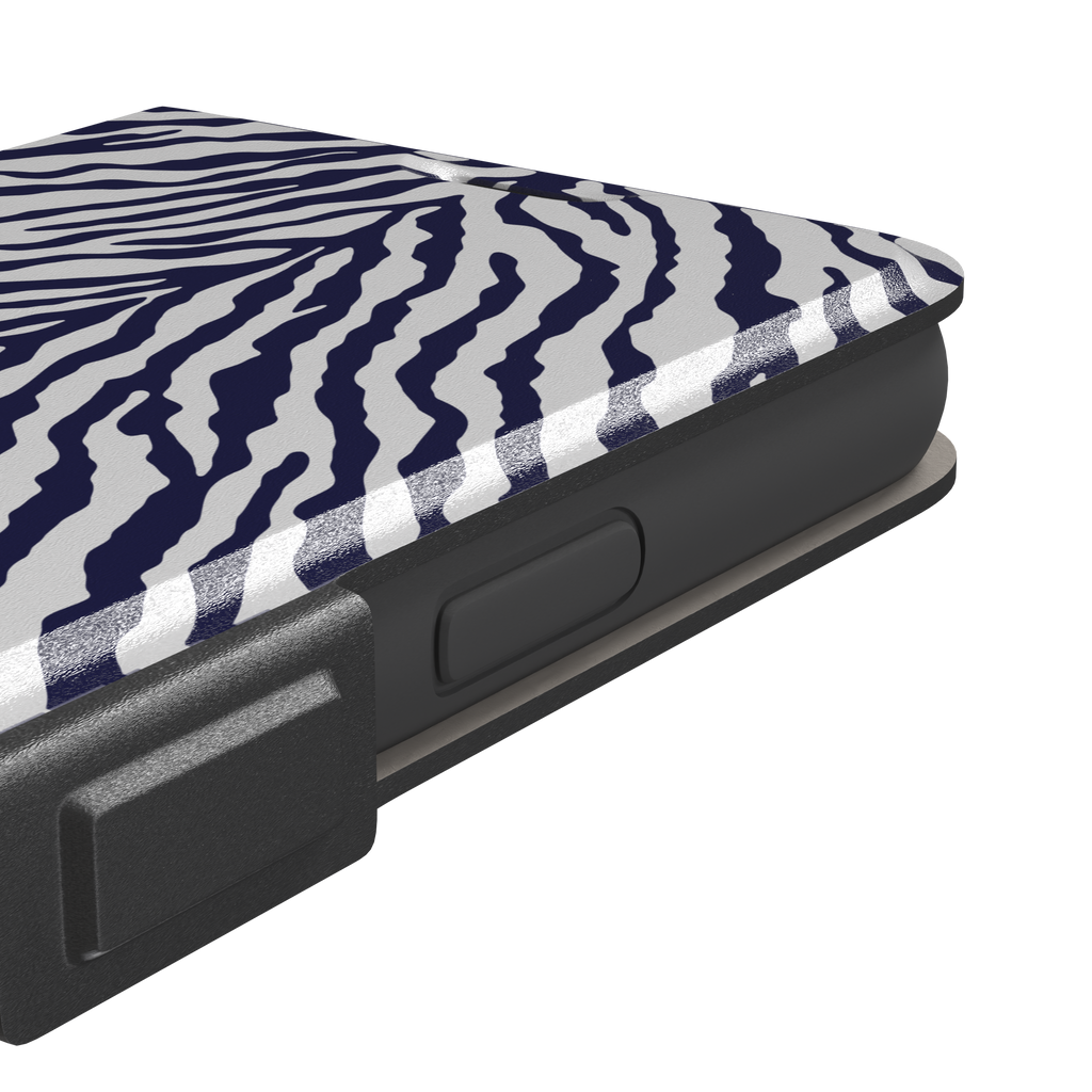 Navy blue and white zebra stripe phone case with symmetrical radiating pattern, phone case by Caselier — wallet case, volume buttons detail