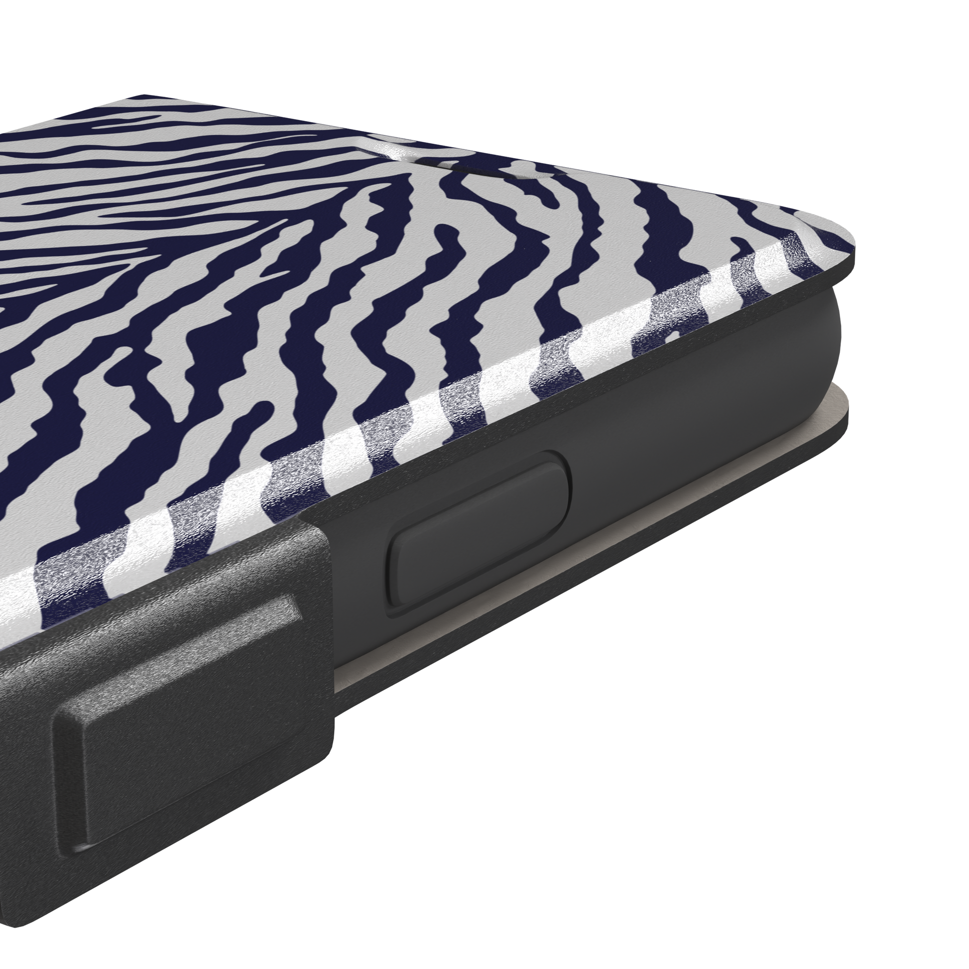 Navy blue and white zebra stripe phone case with symmetrical radiating pattern, phone case by Caselier — wallet case, volume buttons detail