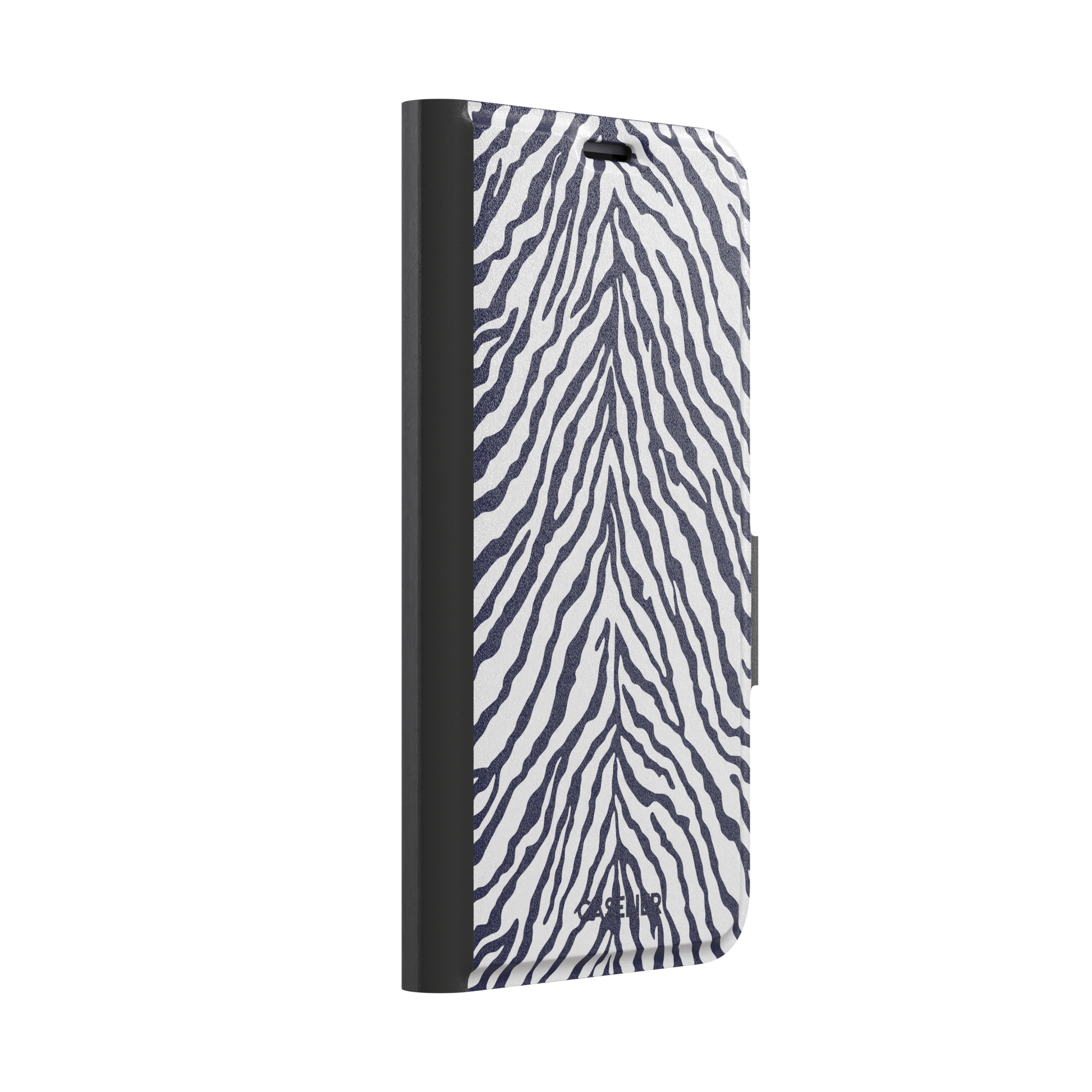Navy blue and white zebra stripe phone case with symmetrical radiating pattern, phone case by Caselier — wallet case, left view