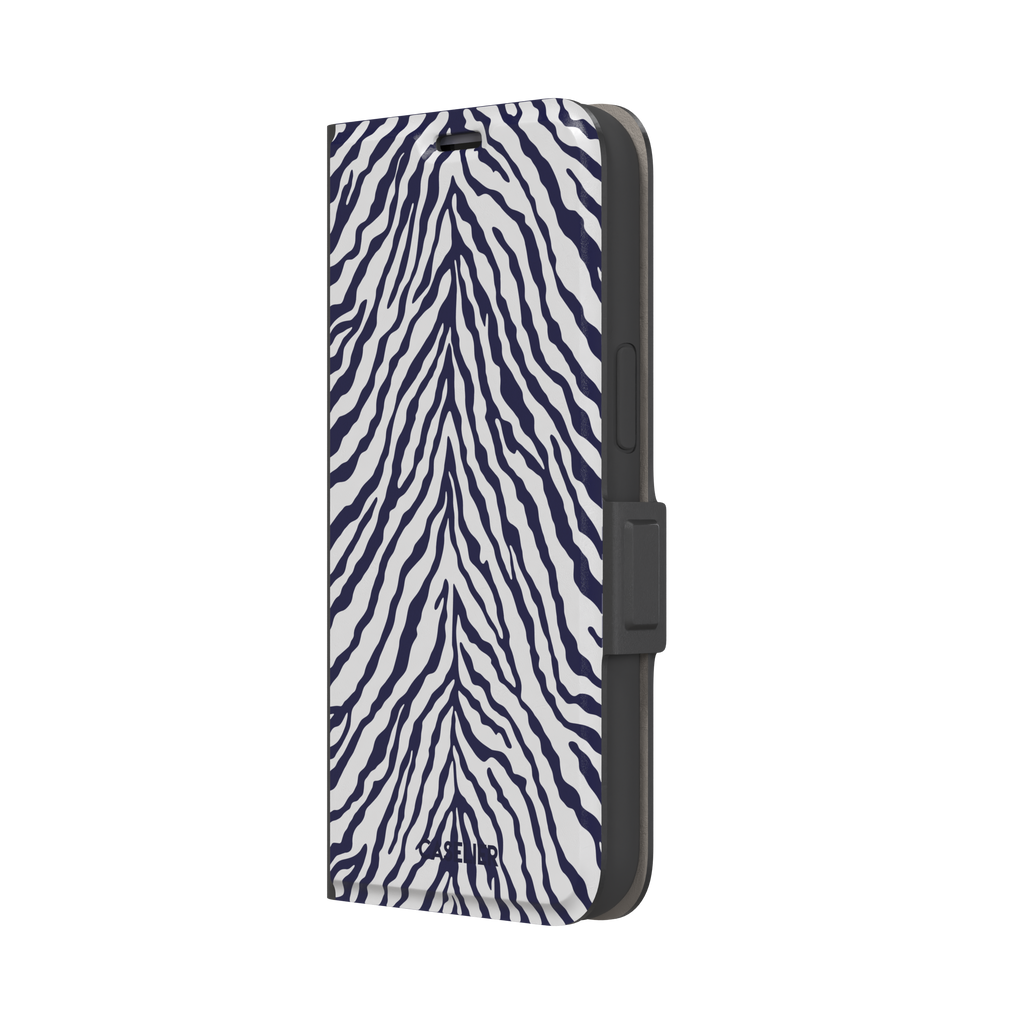 Navy blue and white zebra stripe phone case with symmetrical radiating pattern, phone case by Caselier — wallet case, right view