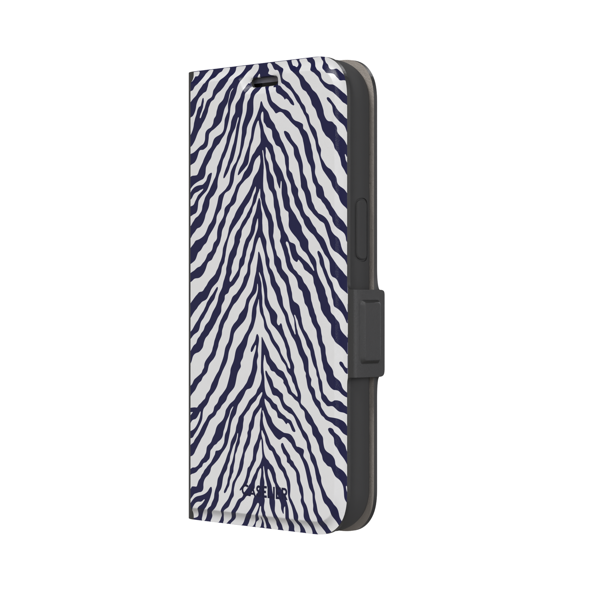 Navy blue and white zebra stripe phone case with symmetrical radiating pattern, phone case by Caselier — wallet case, right view
